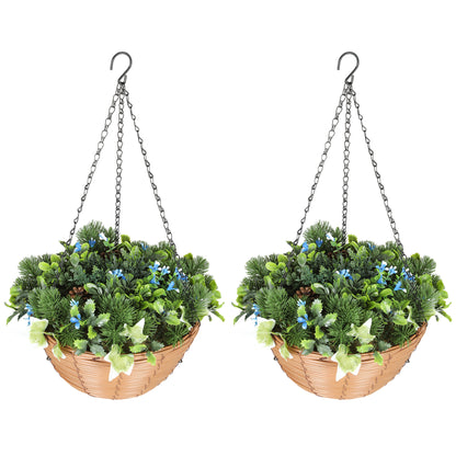Pack of 2 Faux Plant Artificial Lisianthus Flowers, Hanging Planters with Basket, PE Leaves, 18 Flowers and 3 Pinecones, Decorative Faux Plants for Home Office Decor, Green