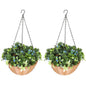Pack of 2 Faux Plant Artificial Lisianthus Flowers, Hanging Planters with Basket, PE Leaves, 18 Flowers and 3 Pinecones, Decorative Faux Plants for Home Office Decor, Green