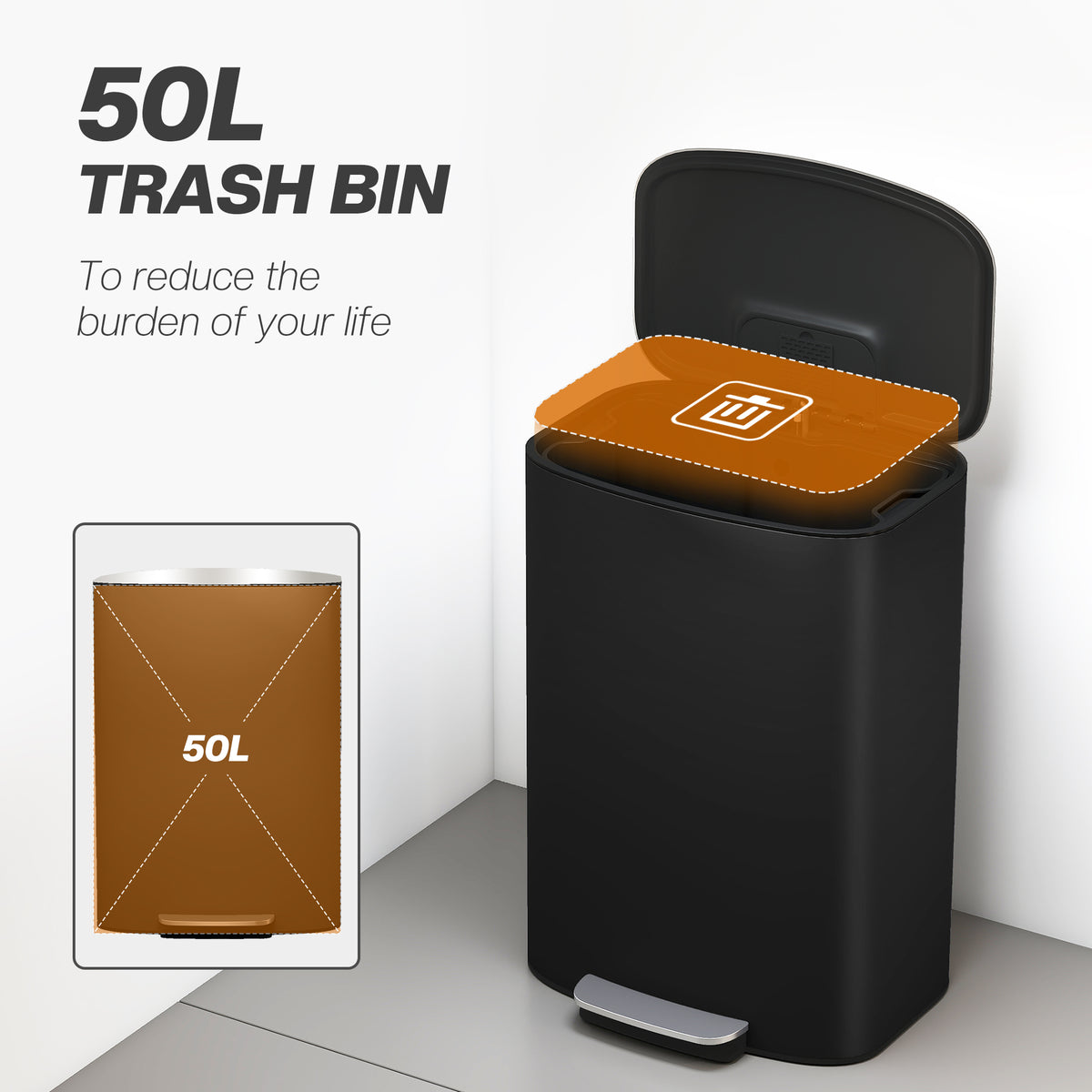 50L Kitchen Bin with Soft-Close Lid and Stay-Open Function, Stainless Steel Pedal Bin with Removable Inner Bucket, Carry Handle for Kitchen, Office, Home