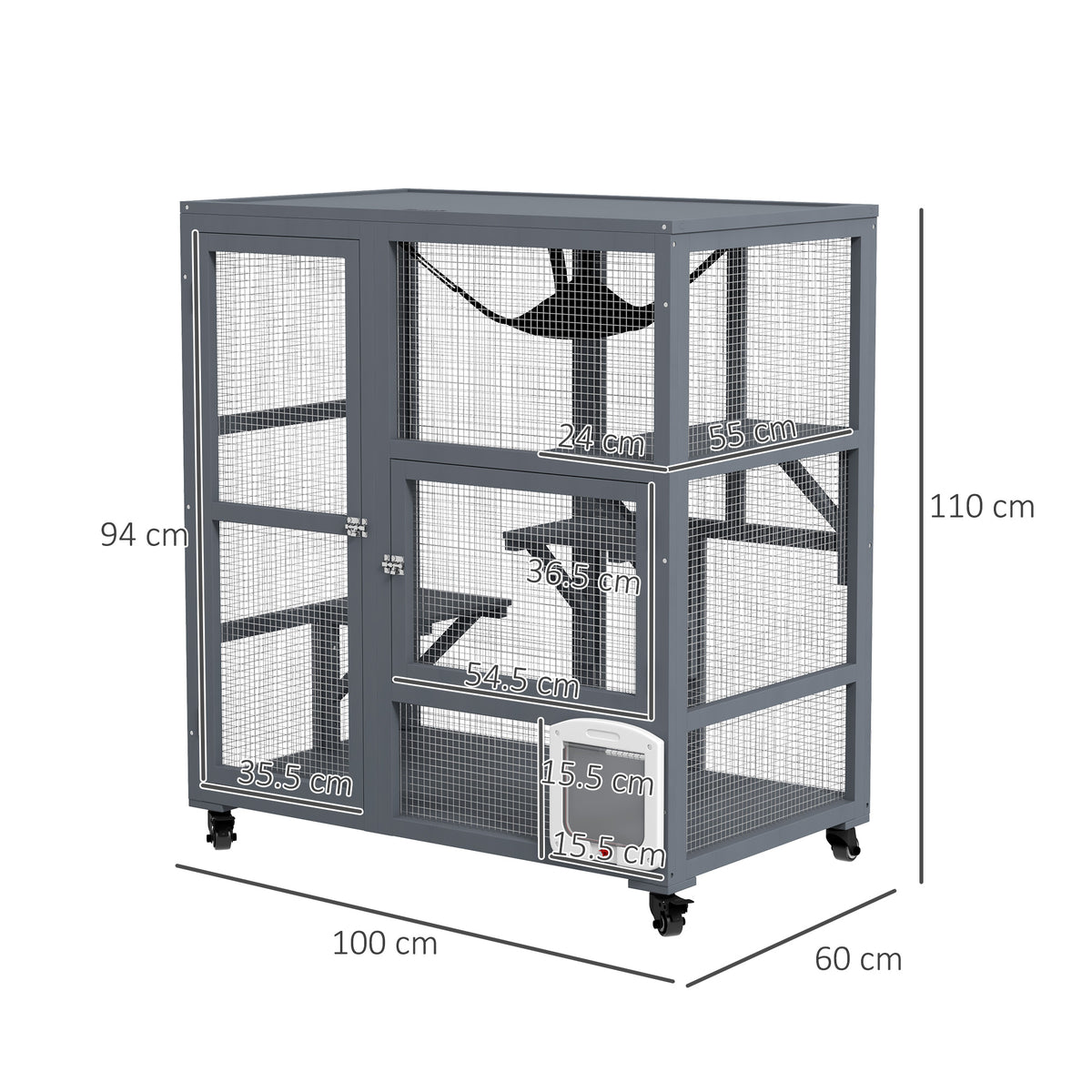 Cat House, Wooden Indoor Catio Cat Enclosure on Wheels, Wooden Kitty Cage with Platforms, Hammock, Light Grey