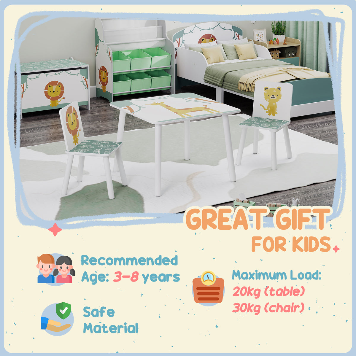 3-Piece Toddler Table and Chair Set, Kids Table with 2 Chairs Set for Bedroom, Nursery, Playroom