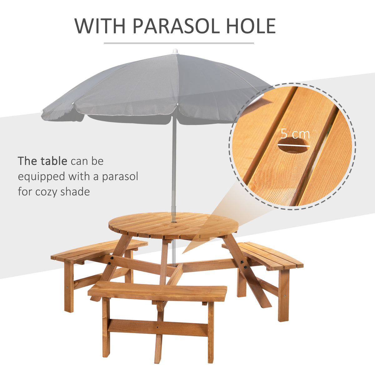 Wooden Garden Dining Set, 6 Seater Round Dining Picnic Table with Matching Bench, Garden Furniture Set with Parasol Hole for Outdoor Patio Party and Family Gatherings, Brownish Red