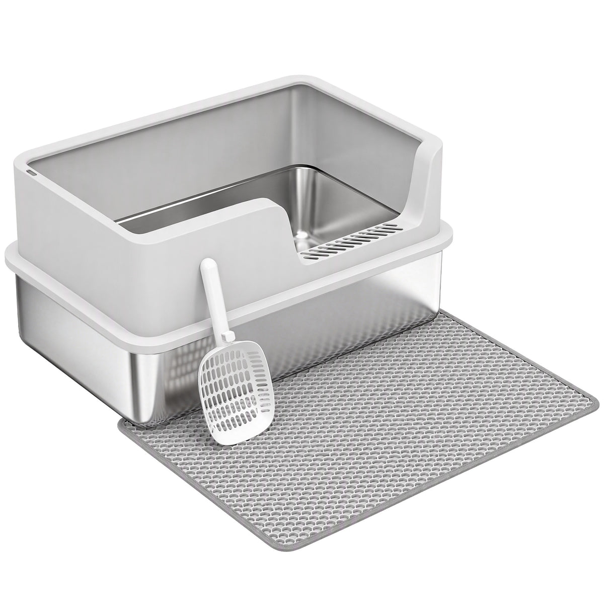 XL Stainless Steel Cat Litter Tray with Lid, High Sided Cat Litter Box with Scoop and Mat, Light Grey