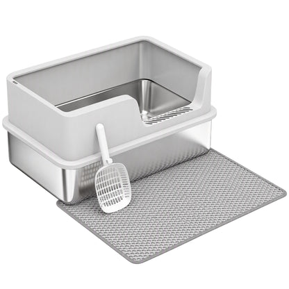 XL Stainless Steel Cat Litter Tray with Lid, High Sided Cat Litter Box with Scoop and Mat, Light Grey