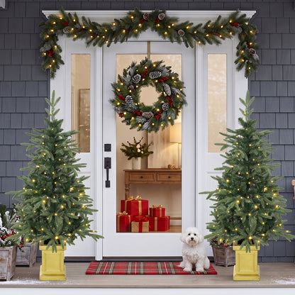 Set of 2 Prelit Christmas Trees with Dual-Colour LEDs, Remote, 4ft Artificial Aspen Fir Battery-Operated, 11 Modes, Pot