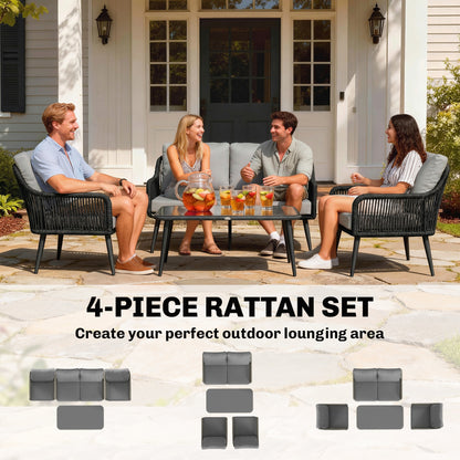 Rattan Garden Furniture Set, 4 Piece Outdoor Patio Furniture with Tempered Glass Table and Chairs, Indoor Balcony Conservatory Set