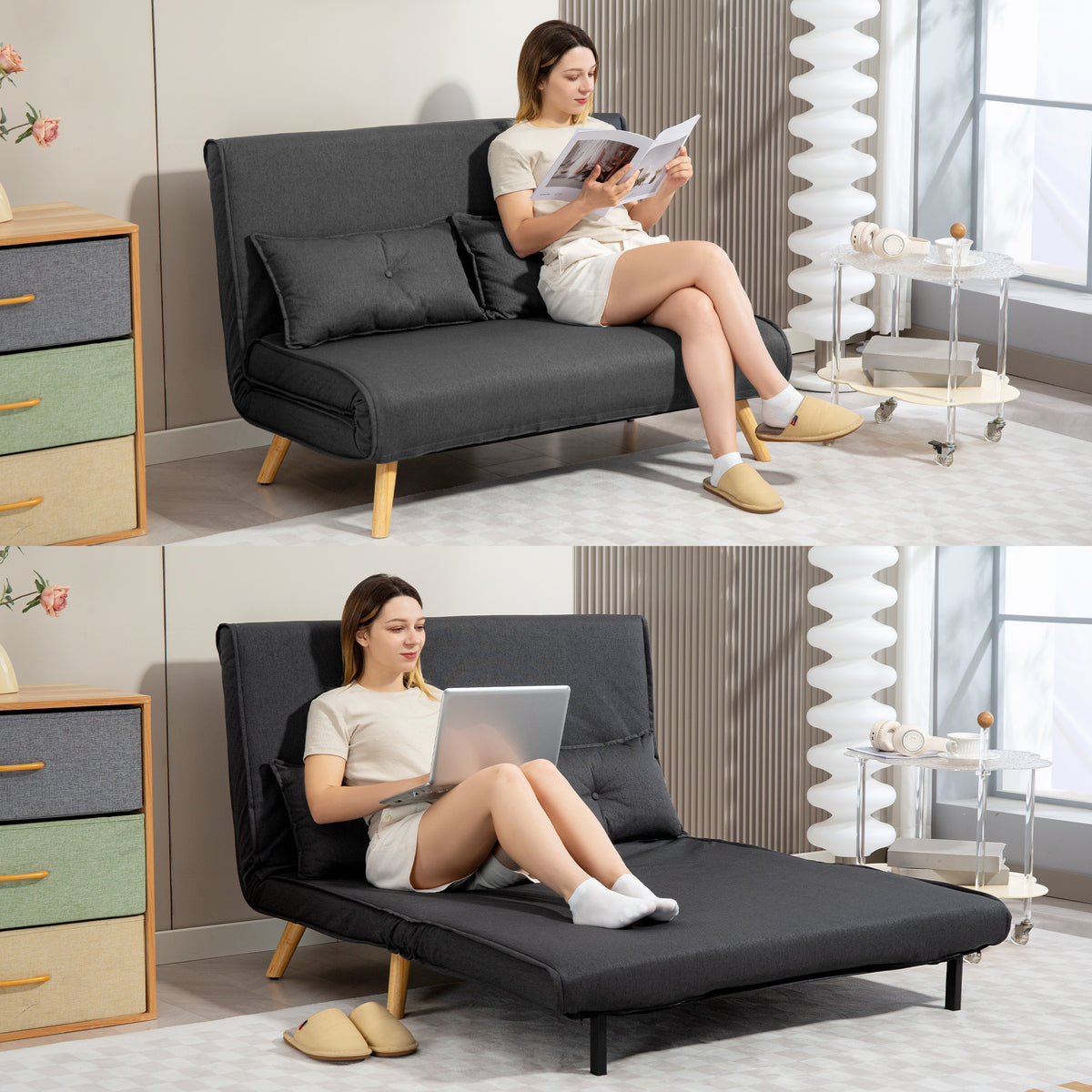 Two-Seater Linen-Look Sofa Bed