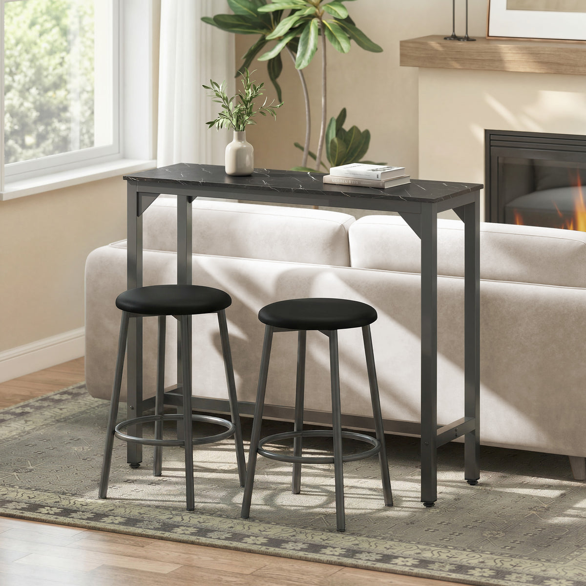 Rectangular Bar Table, Marble Effect Pub Coffee Table for Small Space, Breakfast Dining, Black Marble Effect