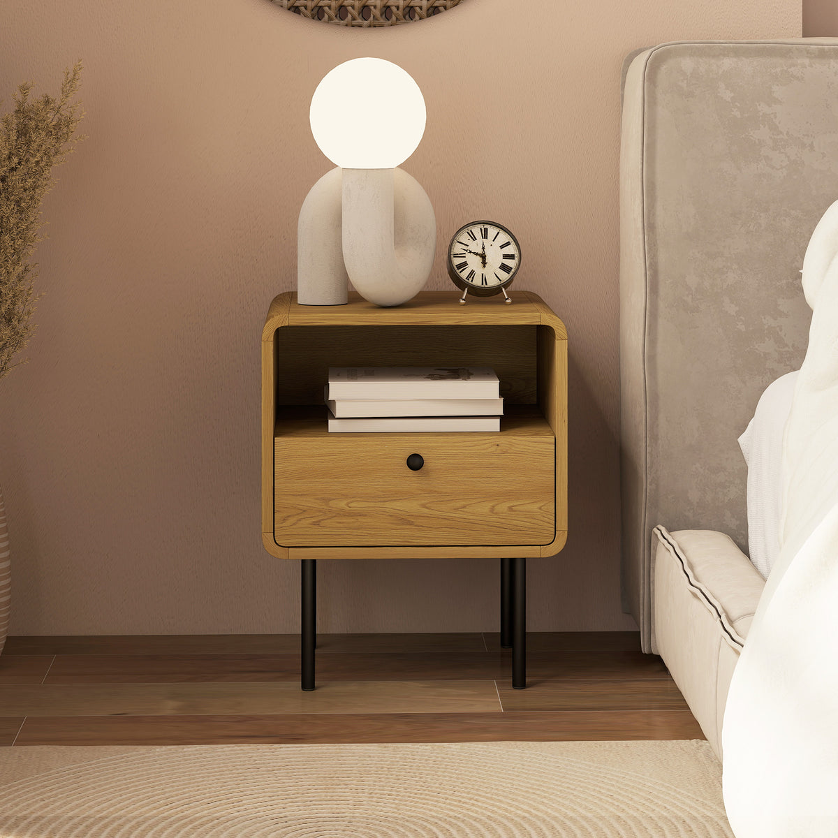 Bedside Table with Drawer and Open Shelf - Oak