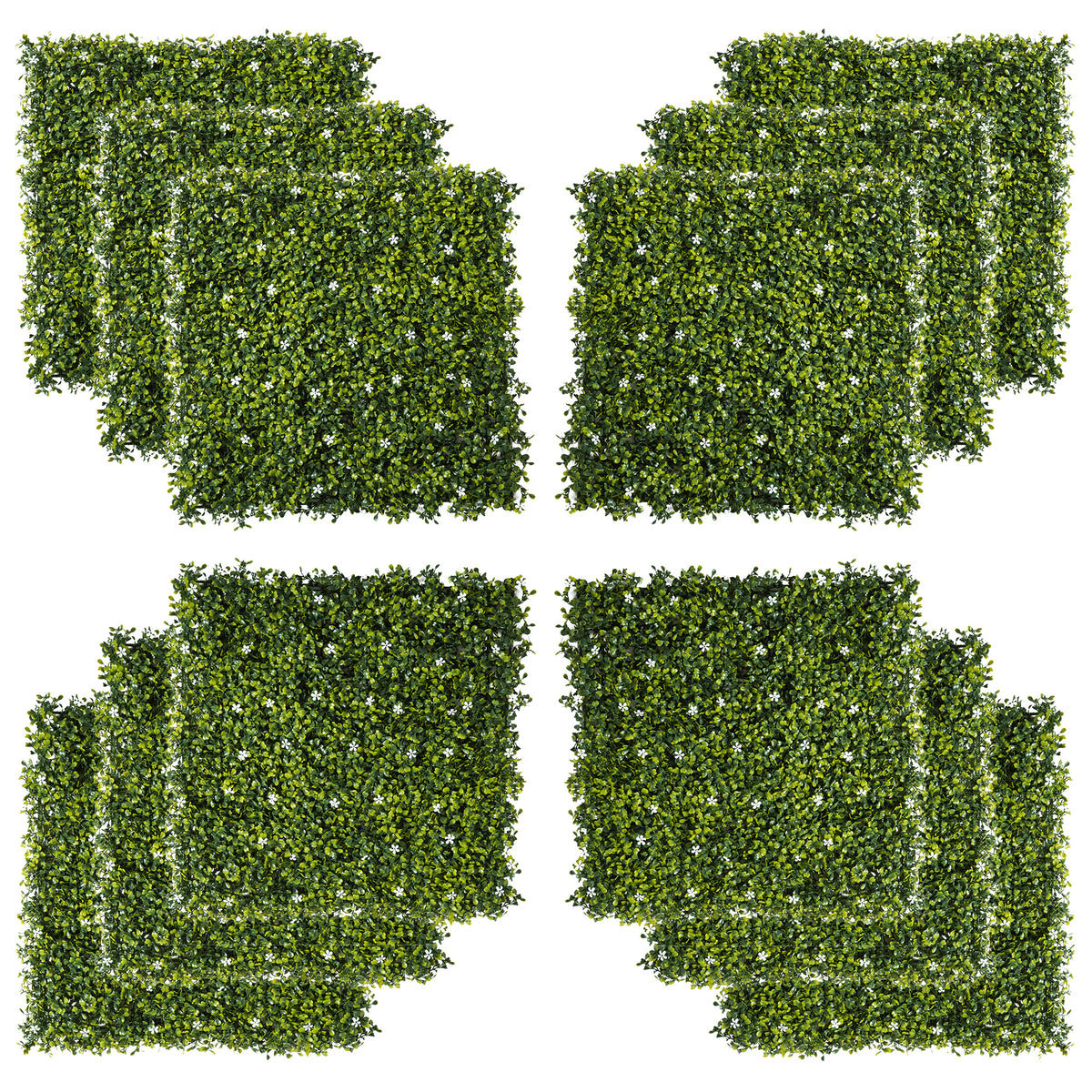 12PCS Artificial Boxwood Wall Panels 50cm x 50cm Grass Privacy Fence Screen Faux Hedge Greenery Backdrop Encrypted Milan Grass with White Flowers for Home Garden Backyard Balcony