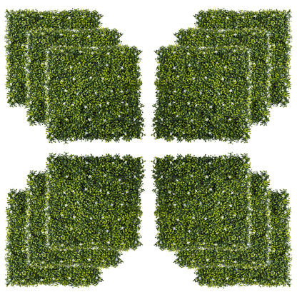 12PCS Artificial Boxwood Wall Panels 50cm x 50cm Grass Privacy Fence Screen Faux Hedge Greenery Backdrop Encrypted Milan Grass with White Flowers for Home Garden Backyard Balcony