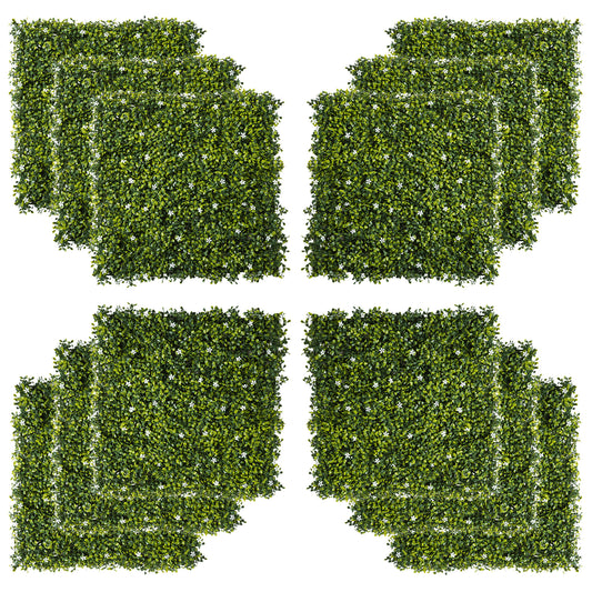 12PCS Artificial Boxwood Wall Panels 50cm x 50cm Grass Privacy Fence Screen Faux Hedge Greenery Backdrop Encrypted Milan Grass with White Flowers for Home Garden Backyard Balcony