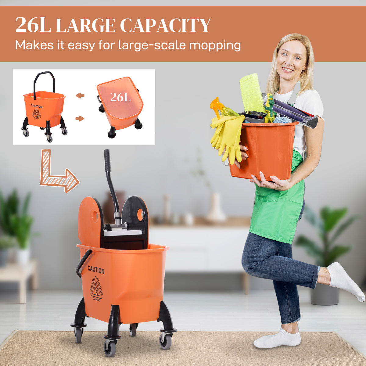25L Mop Bucket, with Wringer, Wheels and Handle - Orange