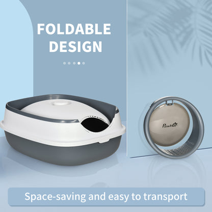 Foldable Cat Litter Tray with Lid, Deodorant, Scoop, White