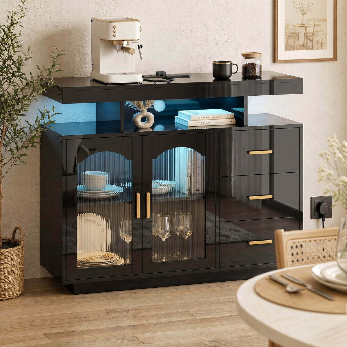 High Gloss Sideboard with LED Lights, Built-in Power Outlets, 3 Drawers, Shelves and 2 Acrylic Doors