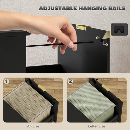 Filing Cabinet, Fluted Vertical File Cabinet with 2 Lockable Drawers and Hanging Rails, Black