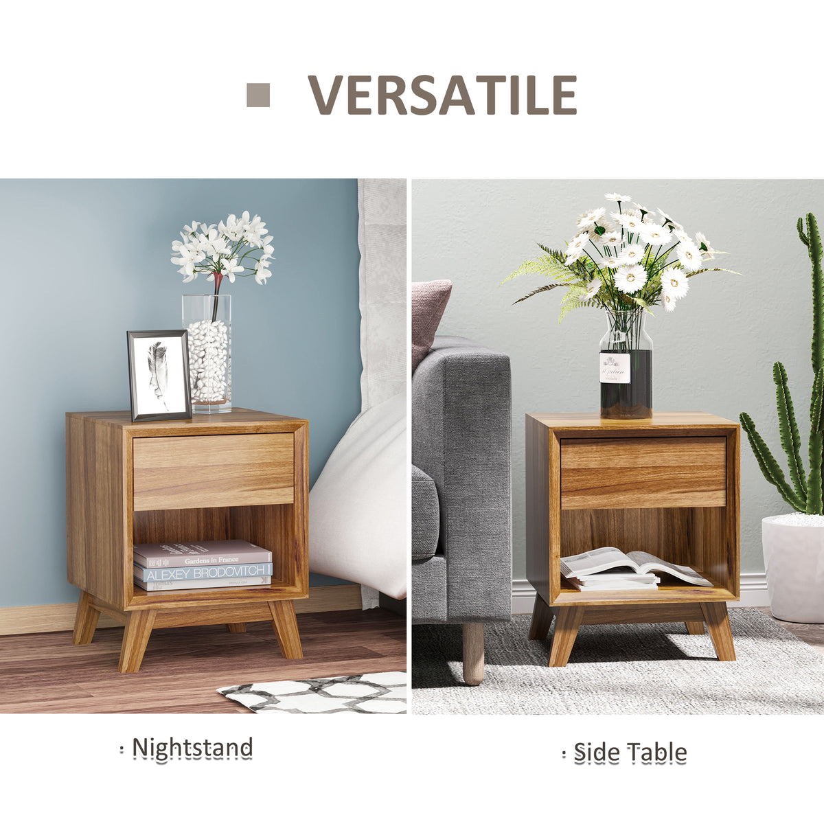 Modern Bedside Table Nightstand, Living Room End Table, Side Table with Drawer and Shelf, Walnut Brown