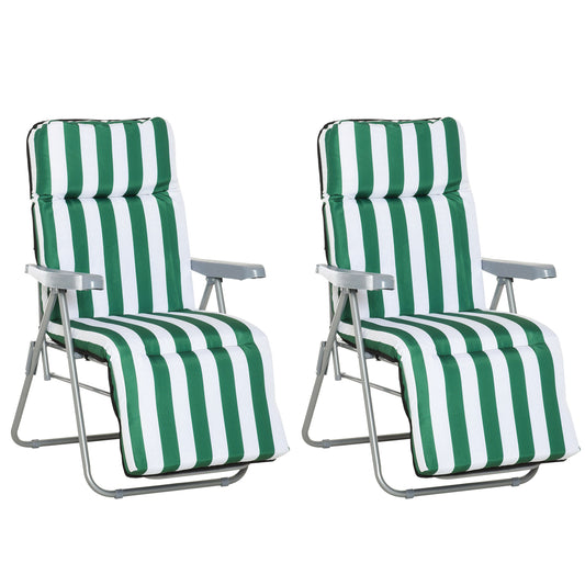 2 Pieces Outdoor Sun Lounger Set with Cushions, Patio Folding 5-Level Adjustable Backrest Recliner Chairs Set of 2 with High Backrest and Armrests, Green & White