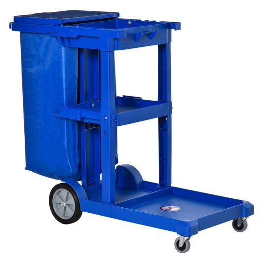 Janitor Cleaning Trolley, with Bin, Shelves and Hooks - Blue