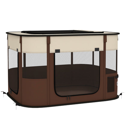 Foldable Dog Pen with Storage Bag for Indoor/Outdoor Use, Portable Pet playpen, with Ground Stakes - Brown