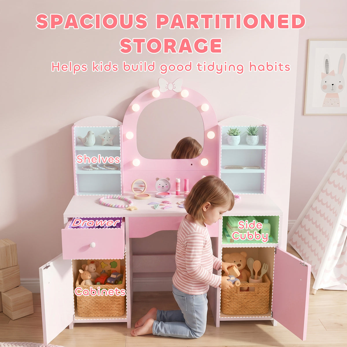 Kids Vanity Set, Kids Dressing Table with Stool, 2-Colour Lights Mirror, Cabinet, Drawer and Shelves, Pink