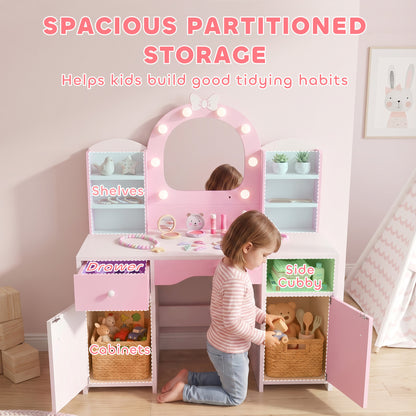 Kids Vanity Set, Kids Dressing Table with Stool, 2-Colour Lights Mirror, Cabinet, Drawer and Shelves, Pink