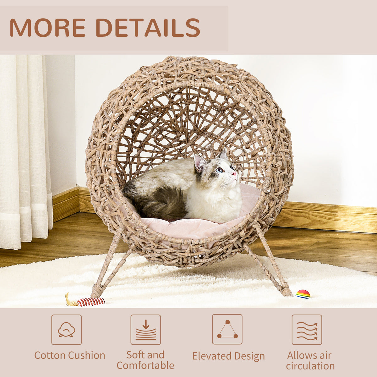 Rattan Elevated Cat Bed House Kitten Basket Ball-Shaped Pet Furniture w/ Removable Cushion