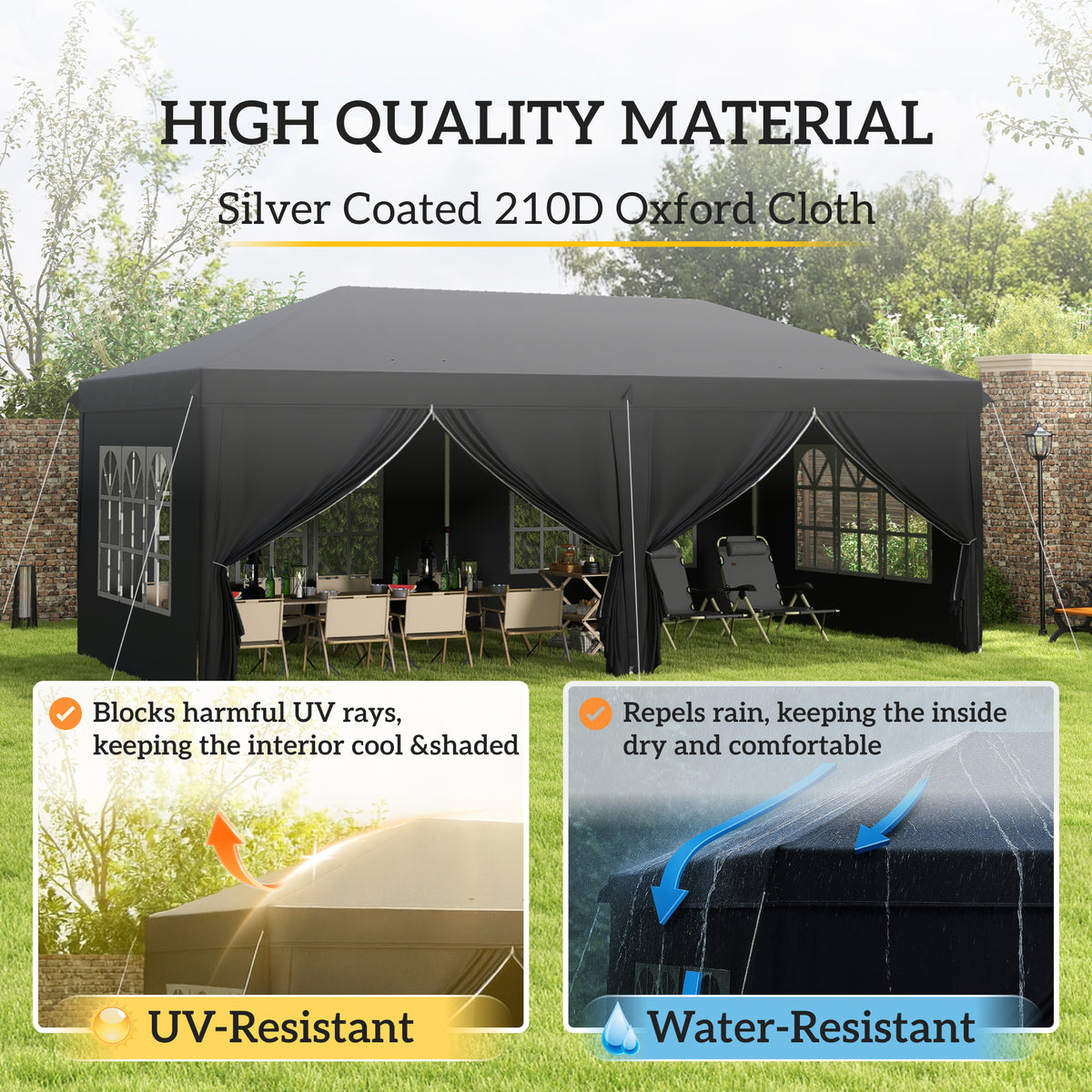 3 x 6 m Pop Up Gazebo with Sides and Windows, Height Adjustable Wedding Camping Party Tent Canopy Marquee with Storage Bag for Garden, Event, Black