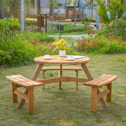 Wooden Garden Dining Set, 6 Seater Round Dining Picnic Table with Matching Bench, Garden Furniture Set with Parasol Hole for Outdoor Patio Party and Family Gatherings, Brownish Red