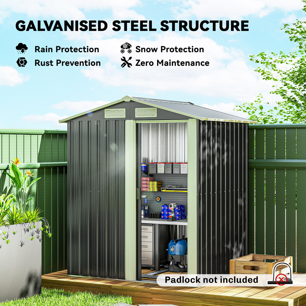 Garden Metal Tool Storage Shed with Sliding Door, Sloped Roof and Foundation Kit, 152 x 132 x 188cm