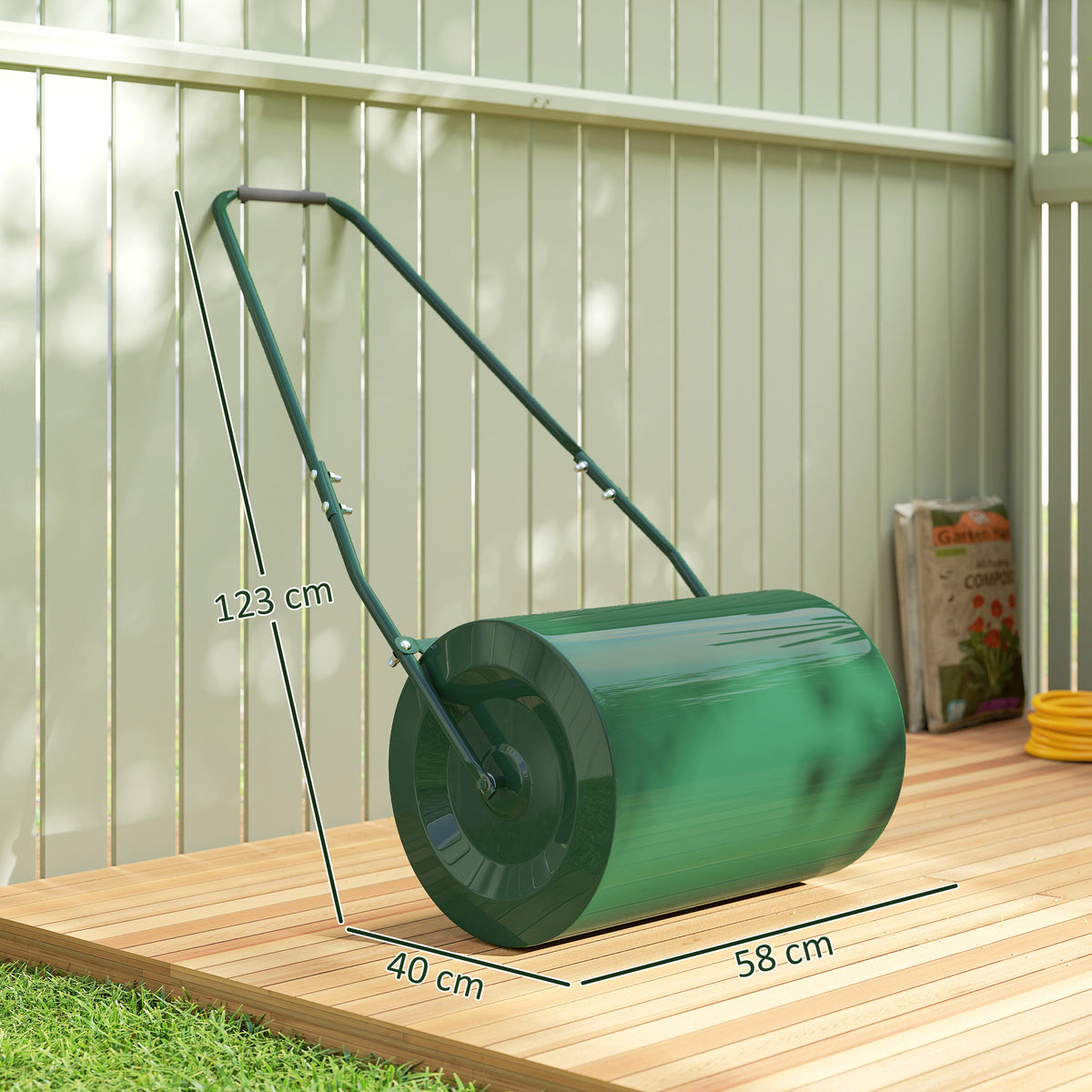 63 L Garden Lawn Roller with Water/Sand Filled Drum, Heavy Duty Steel Lawn Push Rolling Tool for Grass Seeding, Soil Levelling, Dark Green
