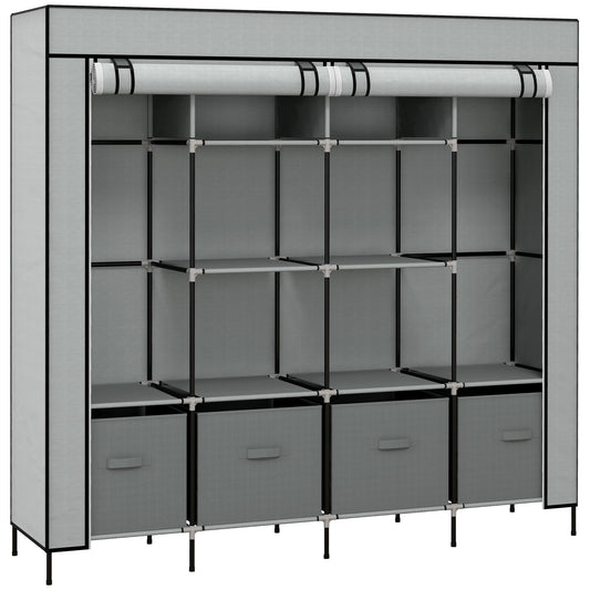 Fabric Wardrobe for Bedroom, Portable Cloth Wardrobe with 10 Compartments, 2 Hanging Rails and 4 Fabric Drawers, 166 x 42.5 x 169.5cm, Dark Grey