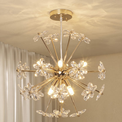Crystal Chandeliers Ceiling Light with Flower, Modern Pendant Light with Adjustable Height, Ceiling Plate, Clear