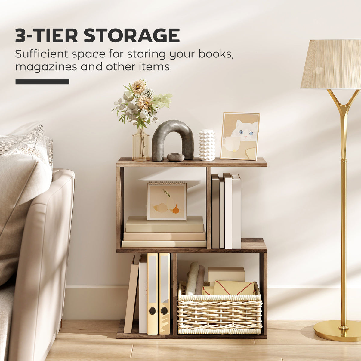 Side Table, Narrow End Table with Storage Shelves, S-Shaped, 3-Tier, 50W x 19.5D x 58H cm