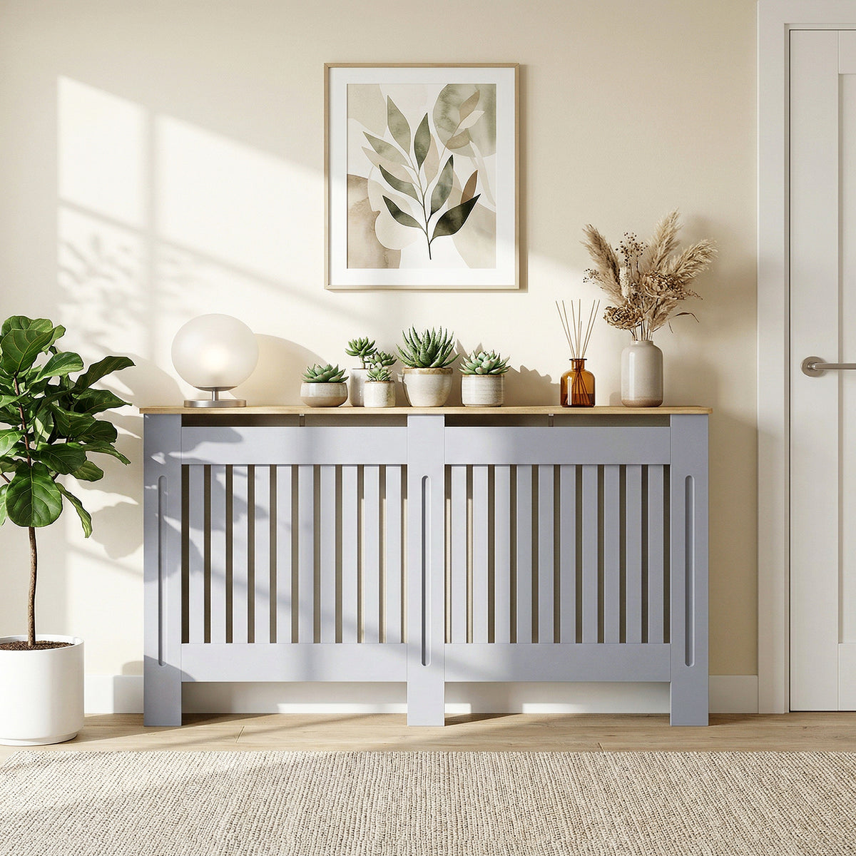 Slatted Radiator Cover, Painted Cabinet with Line Grill Design, 172W × 19D × 81H cm, Grey