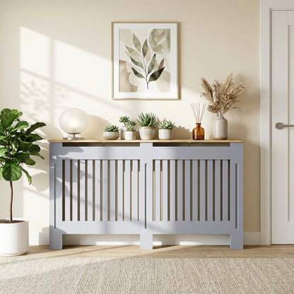 Slatted Radiator Cover, Painted Cabinet with Line Grill Design, 172W × 19D × 81H cm, Grey