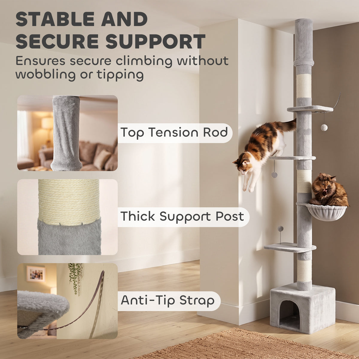 Floor to Ceiling Cat Tree, 230-250cm Multi-Level Cat Tower with Adjustable Height, Scratching Posts, Condo, Platforms
