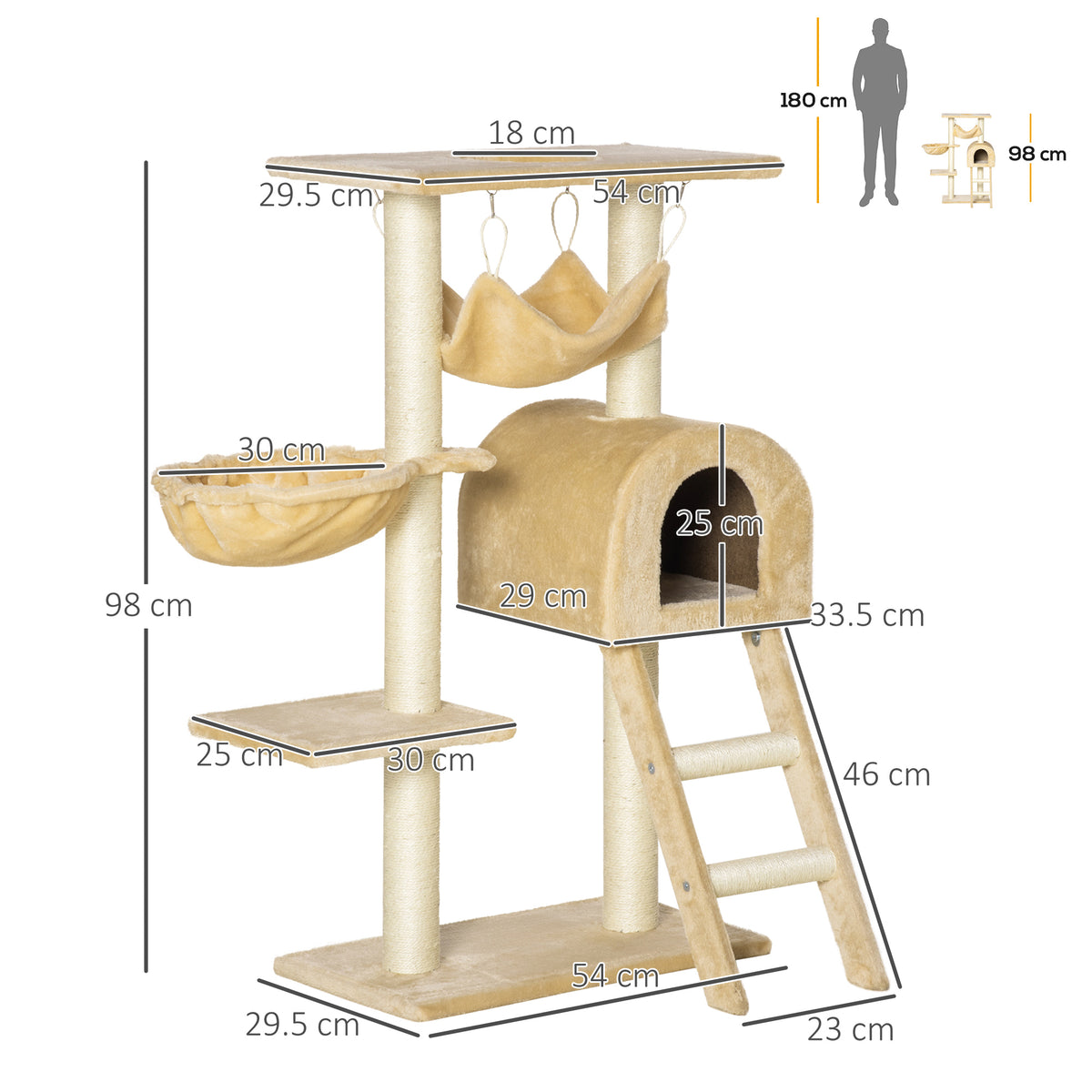 Cat Tree Tower for Indoor Cats Kitten Activity Centre Scratching Post w/ Hammock House Basket Ladder - Beige
