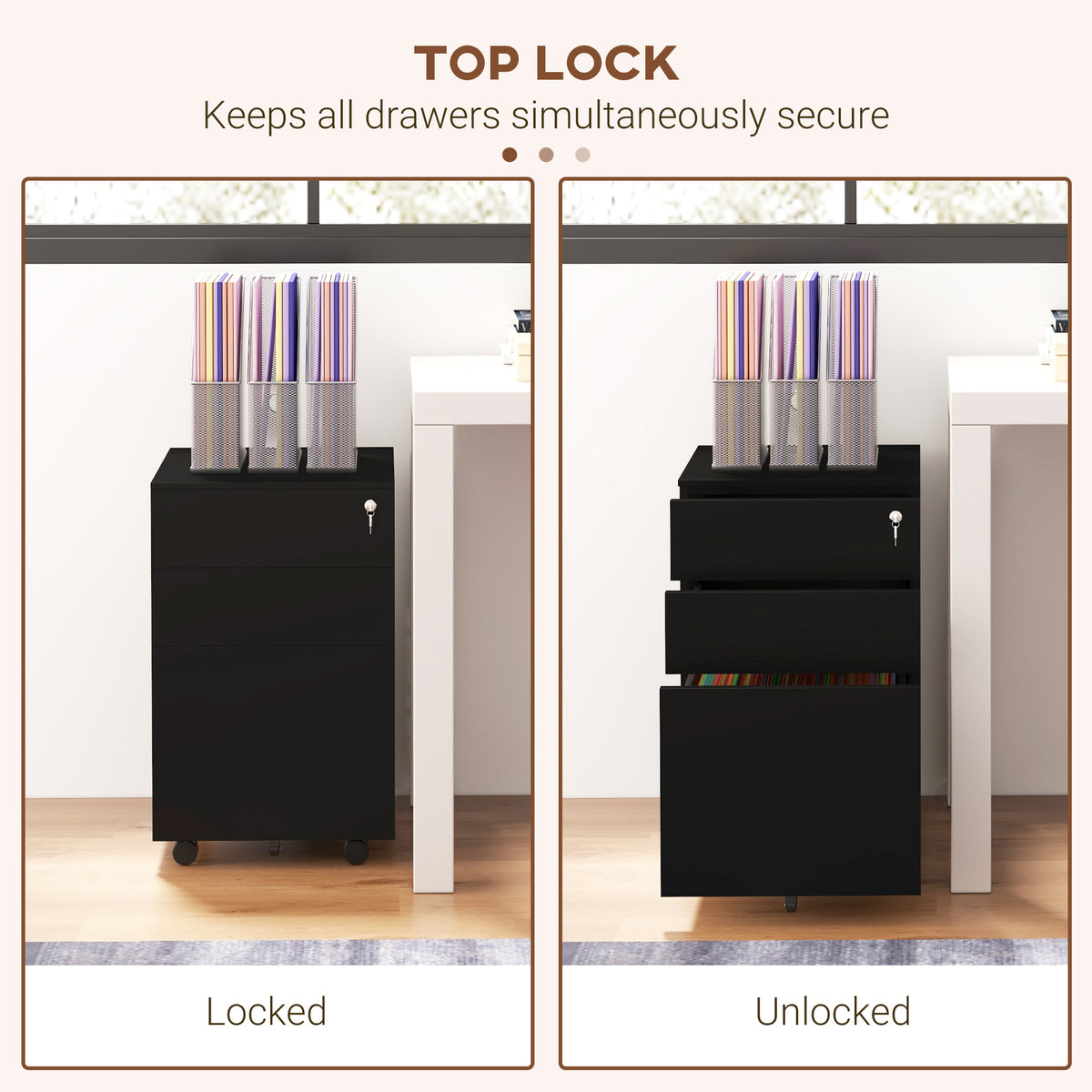3-Drawer Vertical Filing Cabinet with Pencil Tray, Lock and 5 Wheels, Steel Mobile File Cabinet, for A4, Legal and Letter Size, Pre-Assembled Body