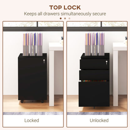 3-Drawer Vertical Filing Cabinet with Pencil Tray, Lock and 5 Wheels, Steel Mobile File Cabinet, for A4, Legal and Letter Size, Pre-Assembled Body