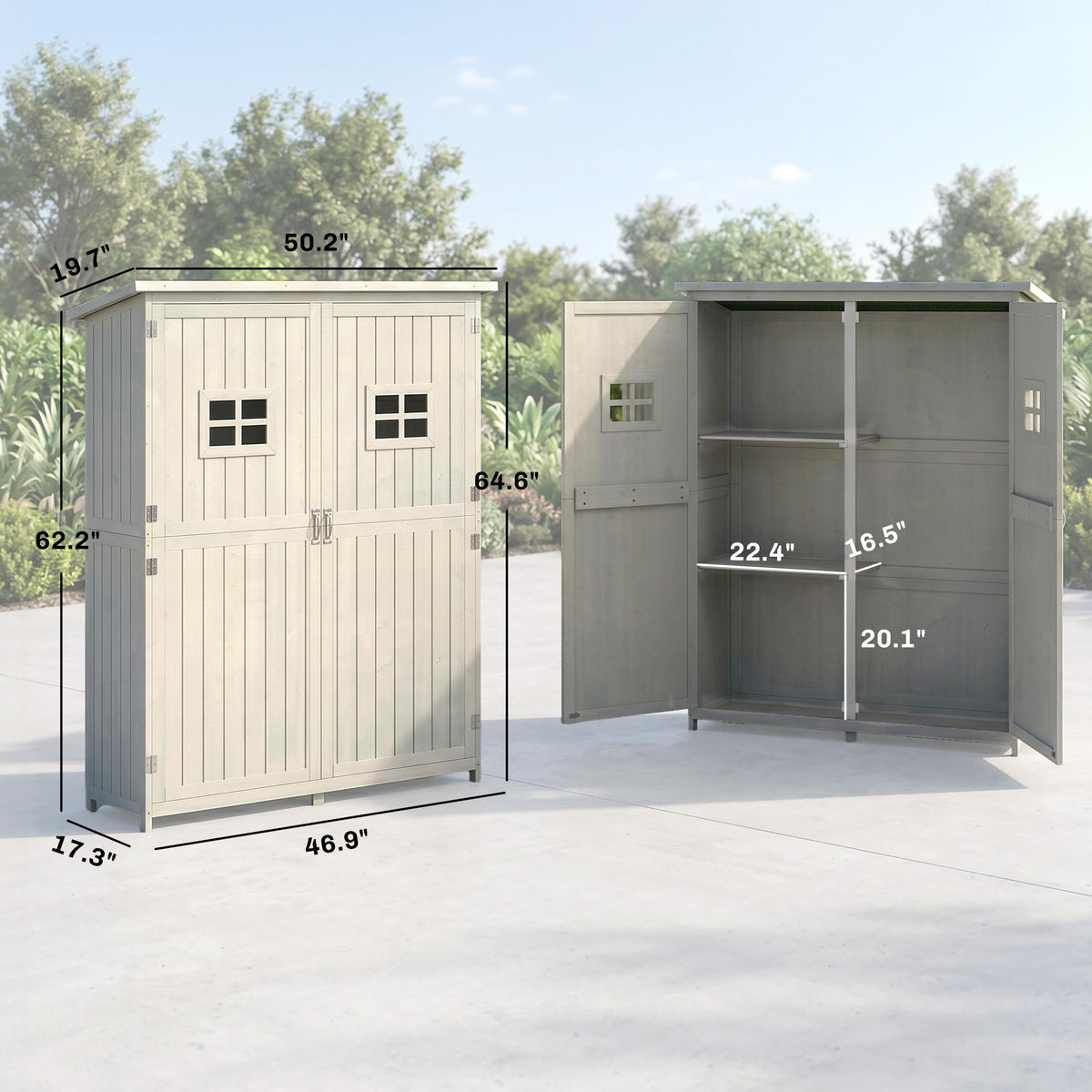 Wooden Garden Shed with Two Windows, Tool Storage Cabinet, Outdoor Double Door Organizer 127.5L x 50W x 164H cm, Grey