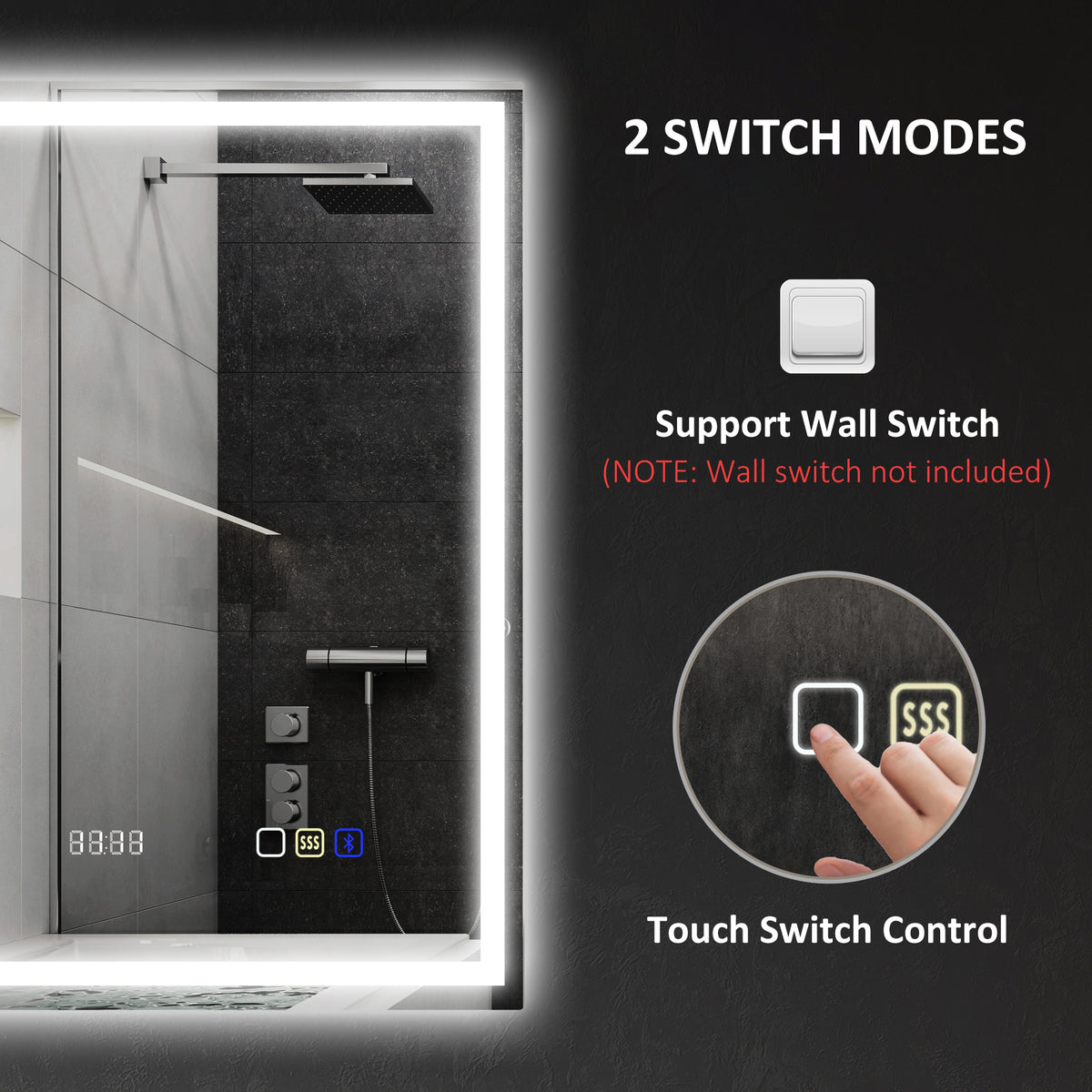 50 x 70 cm Anti-Fog LED Bathroom Mirror, with Bluetooth and Clock - Silver Tone