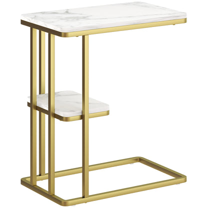 C-Shaped Narrow Side Table, 2-Tier Slim End Table, Nightstand for Small Spaces, Living Room, Bedroom, White Marble Grain