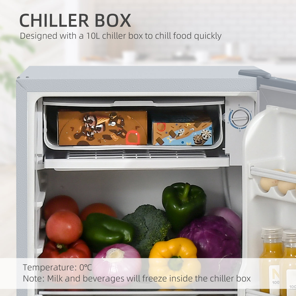 91 Litre Freestanding Under Counter Fridge Freezer, Small Fridge with Chiller Box, Adjustable Thermostat, 47.5cm Wide, Grey
