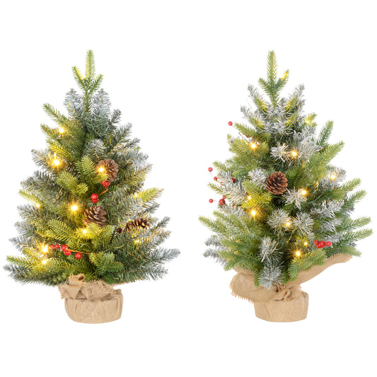 Set of Two 2ft Christmas Trees, with Lights, Berries and Pinecones