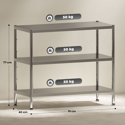 3-Tier Bakers Rack with Storage, Stainless Steel Microwave Stand with Adjustable Shelves for Small Spaces, Kitchen Storage Unit for Spices, Pots and Pans, Silver Tone