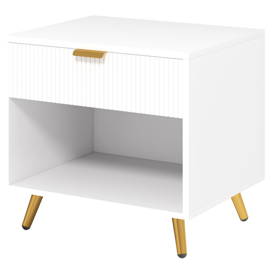 Bedside Table, with Drawer and Shelf - White/Gold Tone
