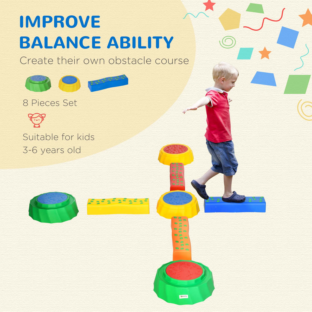 Eight-Piece Kids Stepping Stones, with Non-Slip Surface & Bottom, for Toddlers - Multicoloured