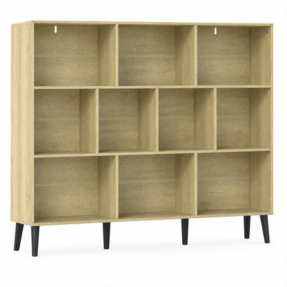 10-Cube Bookcase, 3-Tier Book Shelf with Solid Wood Legs, 140 cm Modern Bookshelf with Anti-Tip Kit