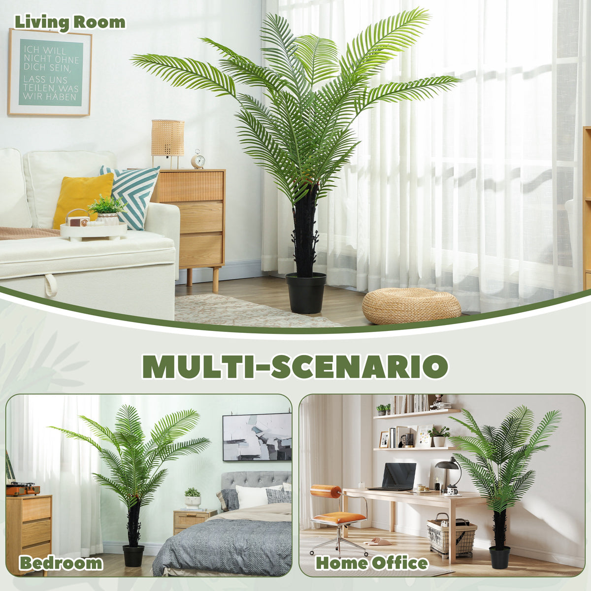 175cm Artificial Areca Palm Tree with 16 PE Leaves, Decorative Artificial Plant with Plastic Pot and Flocked Soil, Fake Plant for Home Office Decor, Green